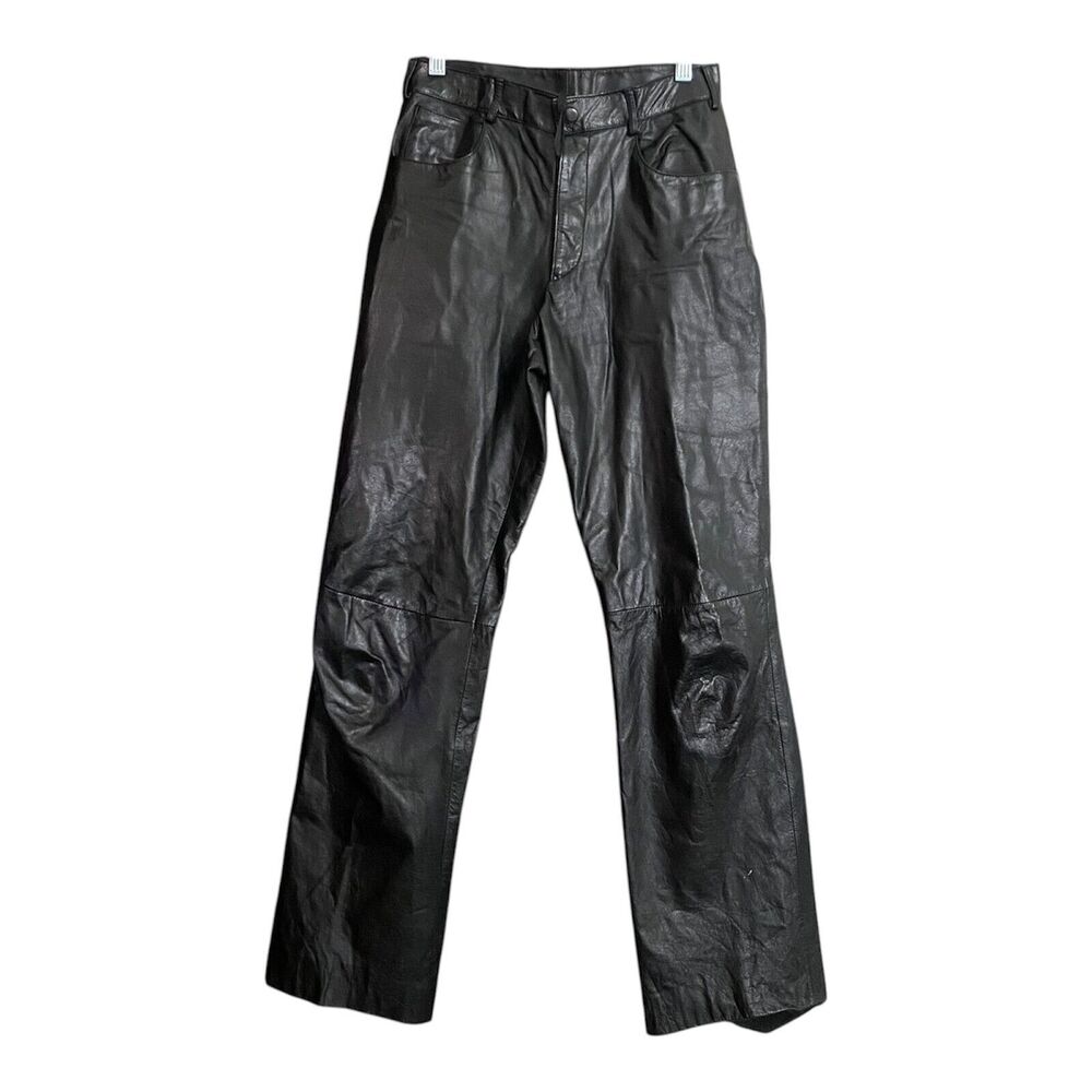 Schott Sportswear Black Genuine Leather Pants Vintage Biker Straight Leg Size 28